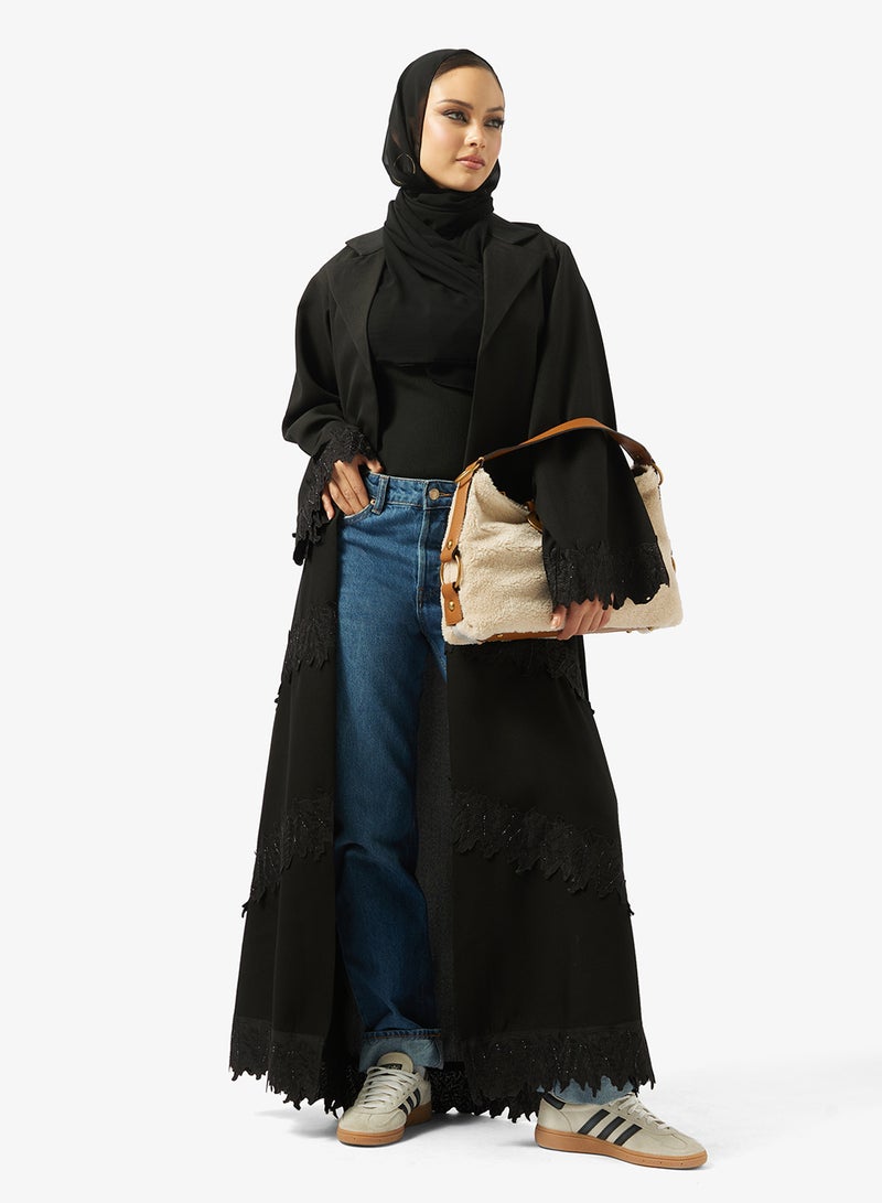 hayas closet Black Abaya with Lace details & Sheila - Image 5